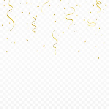 Altın şeritler ve konfeti ile şenlikli arka plan. Düşen konfeti ve şeffaf arka plan üzerinde izole şeritler