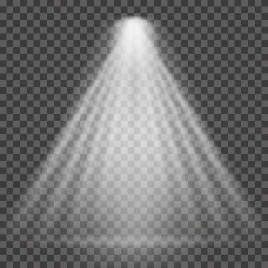 Işık demeti saydam arka plan üzerinde. Projektör, sahne aydınlatma için parlak spot ışık demeti