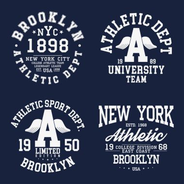 New York, Brooklyn tipografi, küme t-shirt baskı için rozetleri. Bir okul grafik tarzı t-shirt