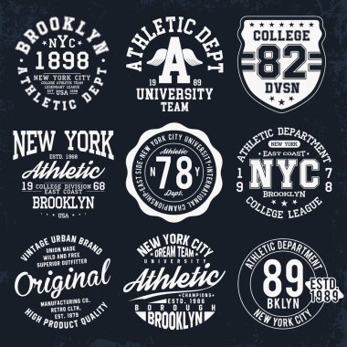 New York, Brooklyn tipografi, küme t-shirt baskı için rozetleri. Bir okul grafik tarzı t-shirt