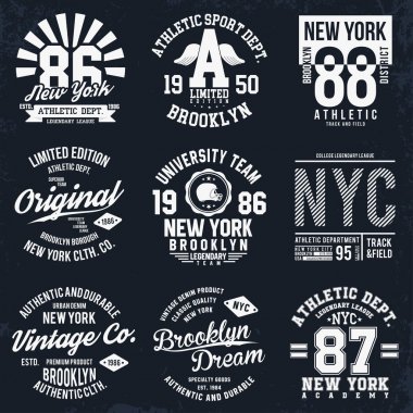 New York, Brooklyn tipografi, küme t-shirt baskı için rozetleri. Spor, atletik tişört yamalar. T-shirt grafik