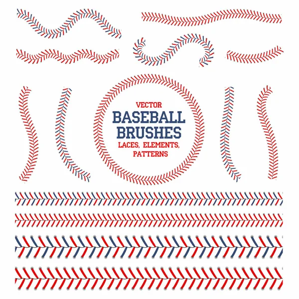 Baseball csipkék beállítása. Baseball varrás ecsetek. Vörös és kék öltés, csipkék, baseball labda dekoráció — Stock Vector
