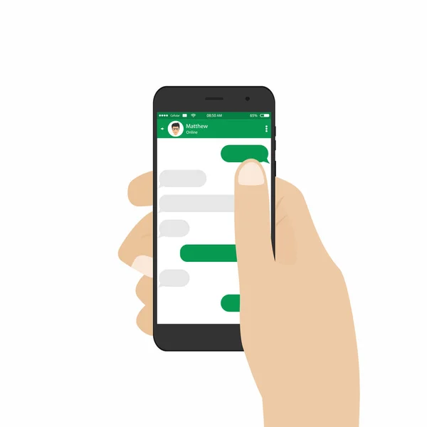 Messenger och sociala nätverk koncept. Hand som håller smartphone med tomma mallen messeges — Stock vektor
