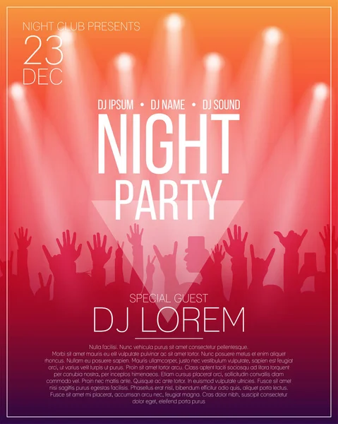 Dance party flyer or poster design template. Night party, dj concert, disco party background with spotlights