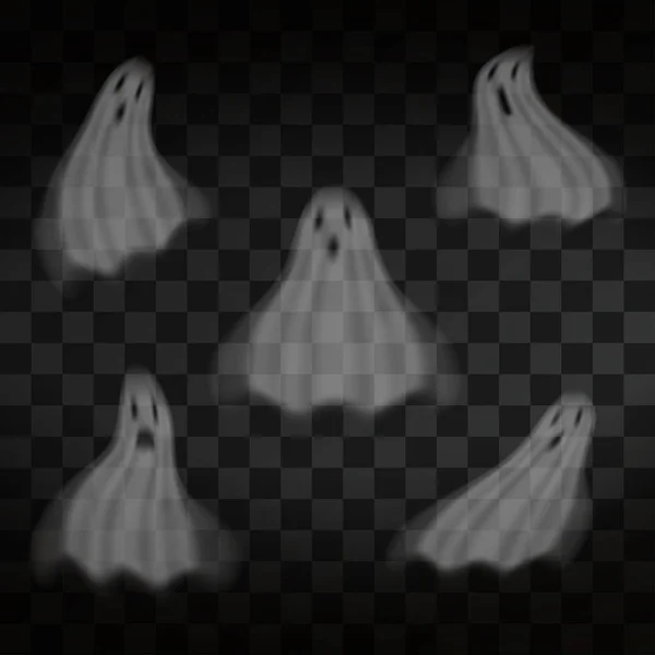 Halloween. Fantasmas sobre fondo transparente. Volando asustadizos personajes fantasmas transparentes — Vector de stock