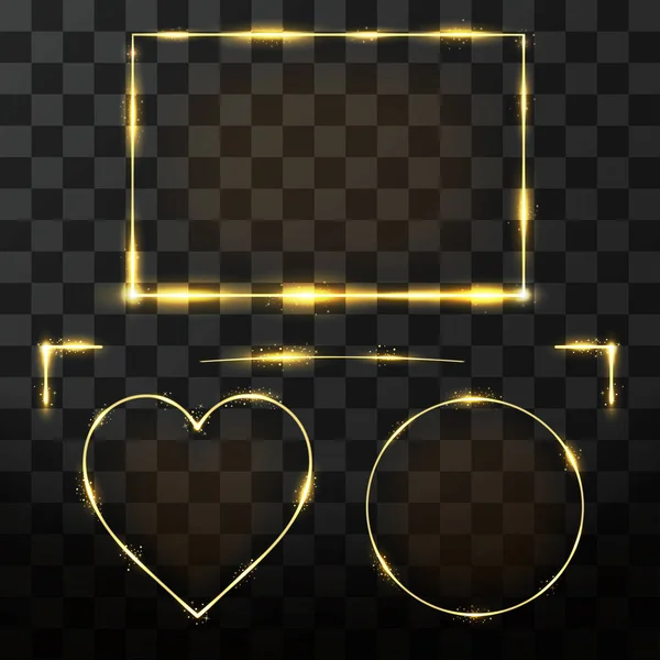 Conjunto de molduras douradas vetoriais com efeito de brilho. Retângulo de néon, círculo e quadro cardíaco com efeito de brilho — Vetor de Stock