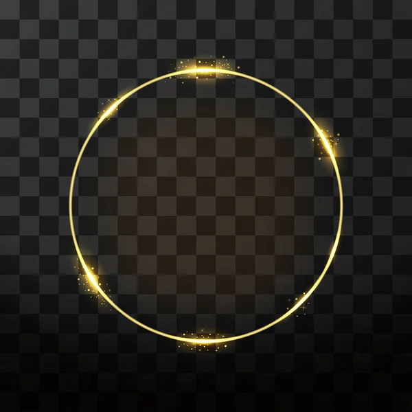 Cadre vectoriel doré avec effet lumineux. Cadre rond néon, anneau doré et effet paillettes sur fond transparent — Image vectorielle