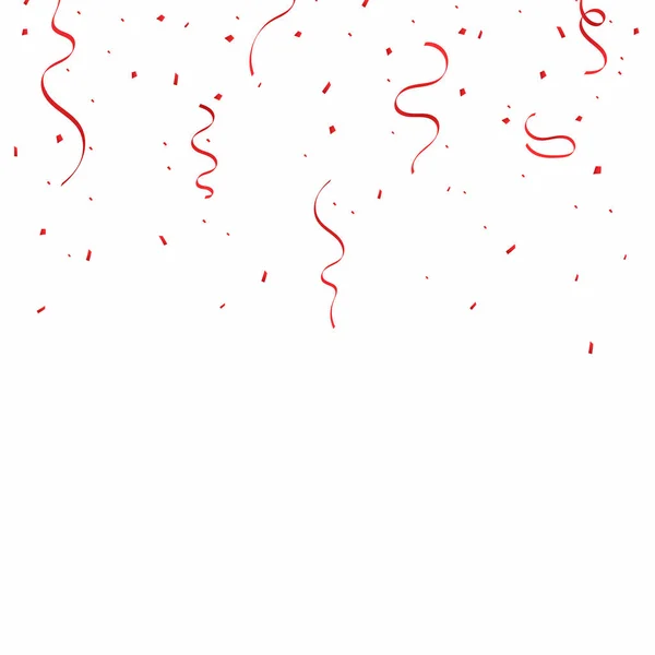 Fondo de celebración con cintas rojas y confeti. Cae confeti y cintas aisladas sobre fondo blanco — Vector de stock