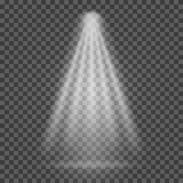Lichtstrahl auf transparentem Hintergrund. heller Scheinwerferlichtschein für Suchscheinwerfer, Szeneleuchtung — Stockvektor