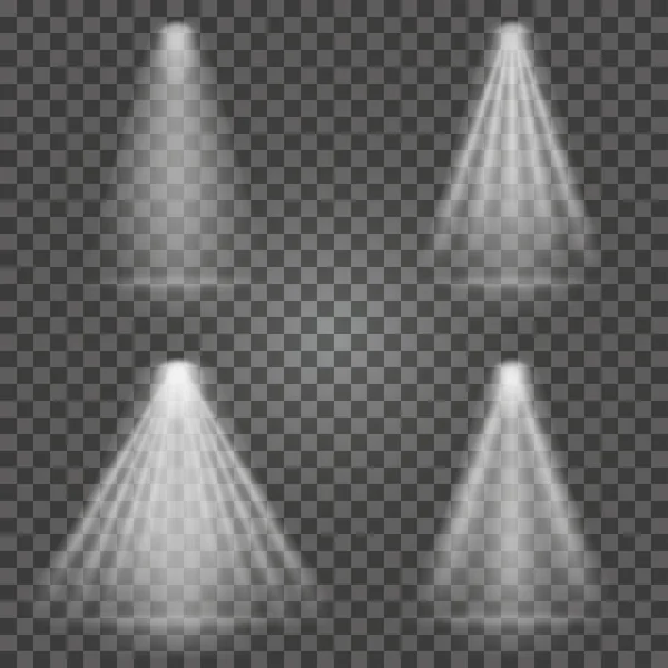Lichtstrahlen auf transparentem Hintergrund. helle Scheinwerferlichter für Suchscheinwerfer, Szeneleuchtung — Stockvektor