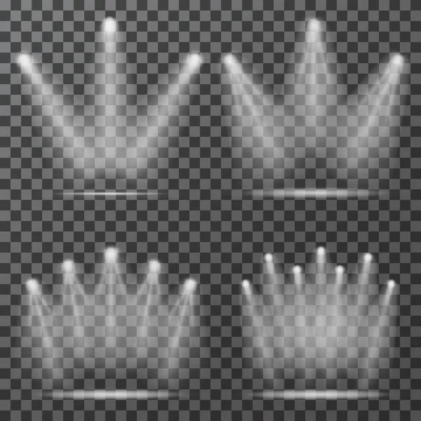 Scheinwerfer mit Lichtstrahlen auf transparentem Hintergrund. Realistische Scheinwerfer für Szenenbeleuchtung — Stockvektor