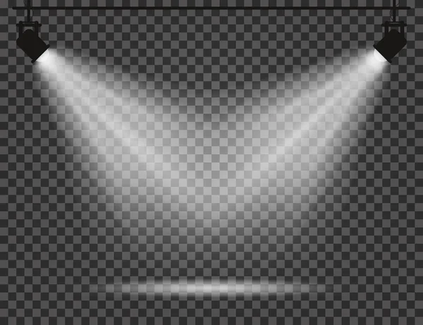 Projecteurs avec faisceaux lumineux sur fond transparent. Projecteurs réalistes pour le théâtre, studio photo, concerts — Image vectorielle
