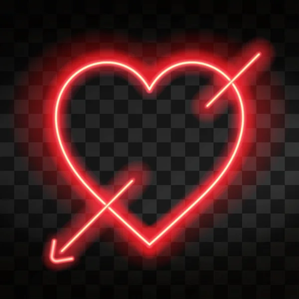 Helles Neonherz. Herzschild mit Amor-Pfeil auf dunklem, transparentem Hintergrund. Leuchteffekt — Stockvektor