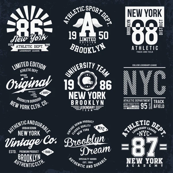 Nowy Jork, Brooklyn typografii, odznaki zestaw do druku t-shirt. Sport, sportowe koszulki patche. T-shirt grafiki — Wektor stockowy