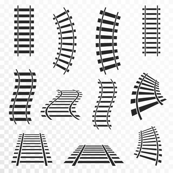 Rails set on transparent background. Straight and curved railroad tracks icon — Stock Vector