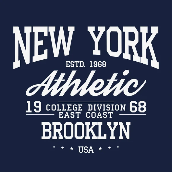 Nova Iorque, tipografia de Brooklyn, crachá para a impressão da t-shirt. Estilo Varsity t-shirt gráficos — Vetor de Stock