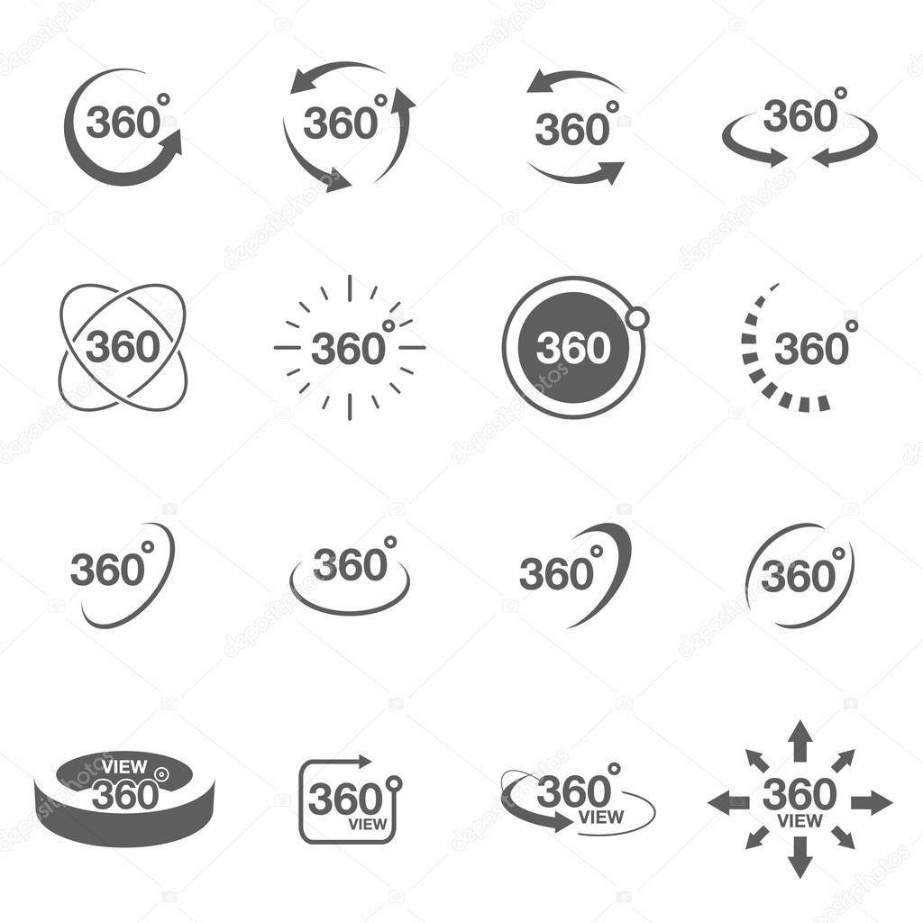 360 degree view related icon set. Signs and arrows for indicate the rotation and panorama