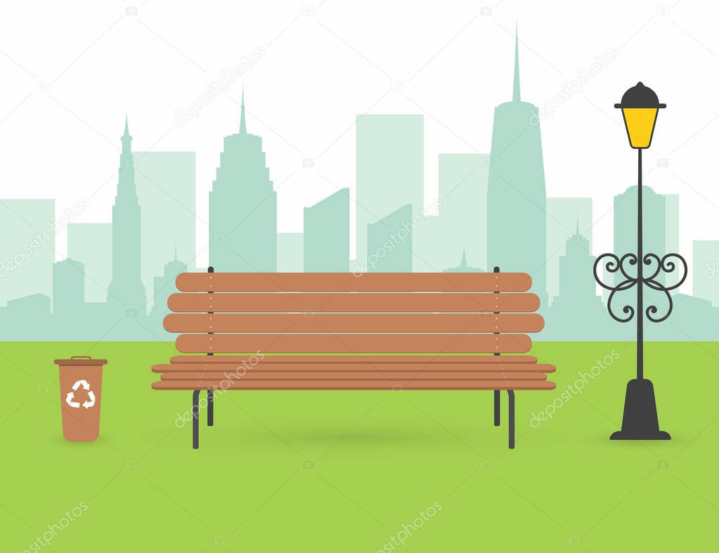 City park scene. Wooden bench with urn and lantern. City silhouette with skyscrapers on background