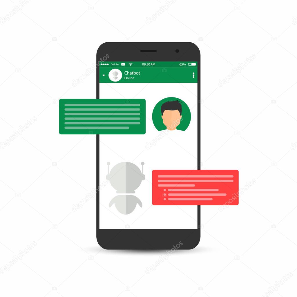 Chatbot concept. Man is asking question to chatbot. User icon and virtual assistant icon chatting
