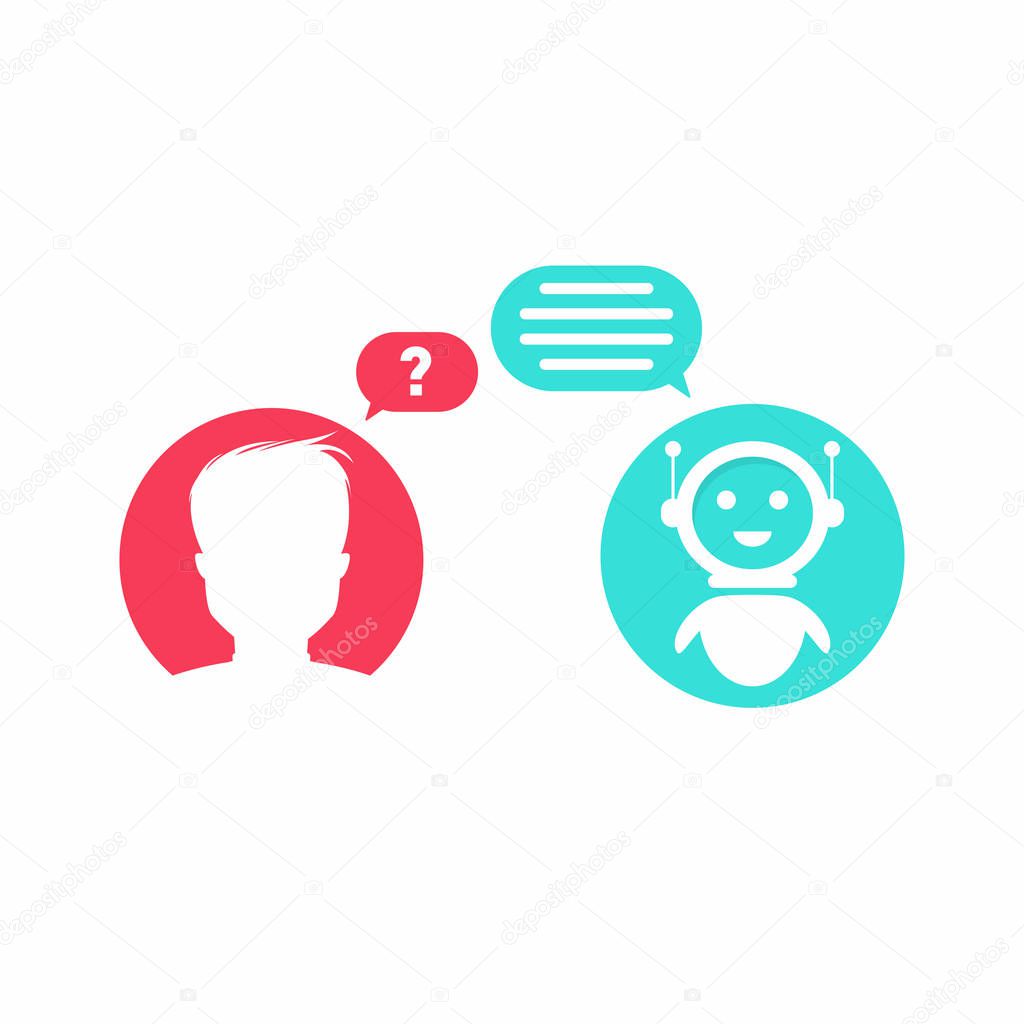 Chatbot concept. Man is asking question to chatbot. User icon and virtual assistant icon chatting. Vector