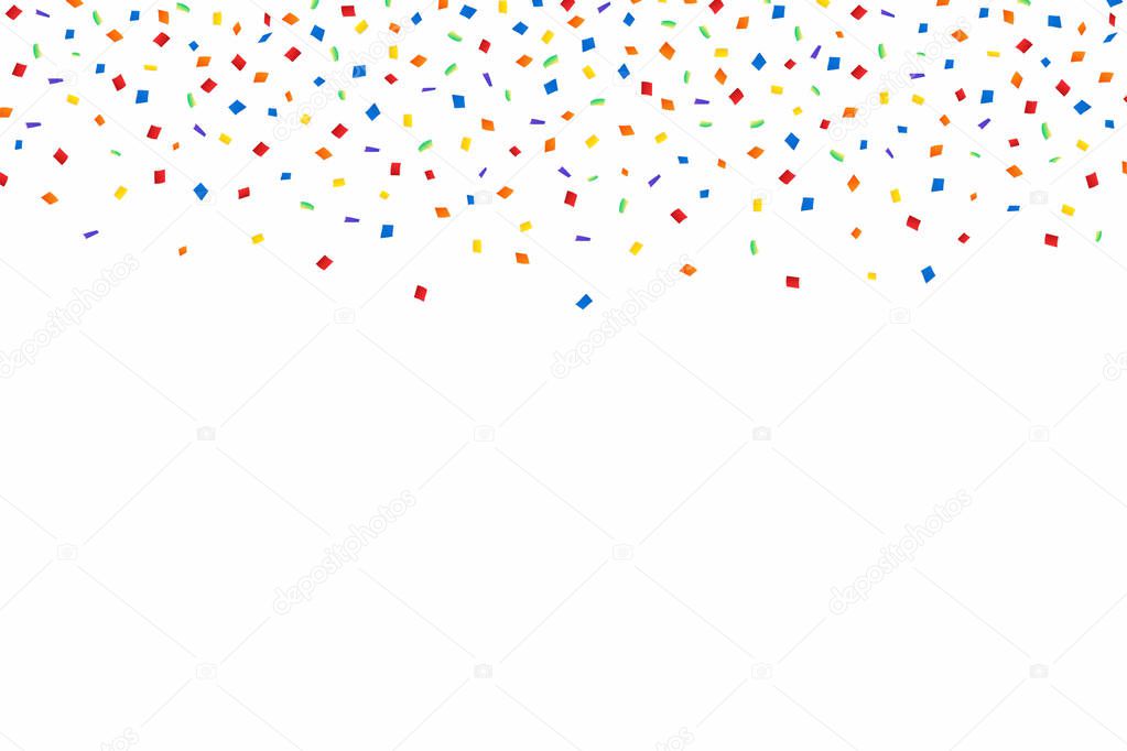 Colorful confetti. Festive background with red, golden and blue confetti. Falling confetti isolated on white background