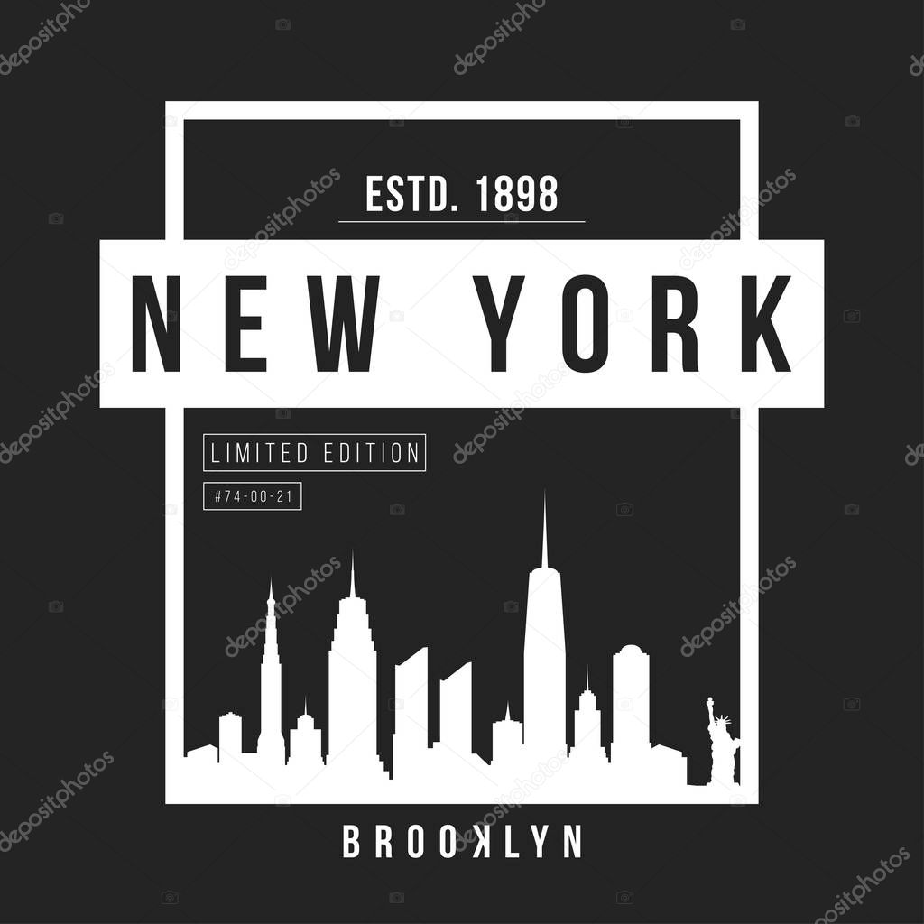 New York, Brooklyn typography for t-shirt print. New York City skyline for tee graphic. T-shirt design