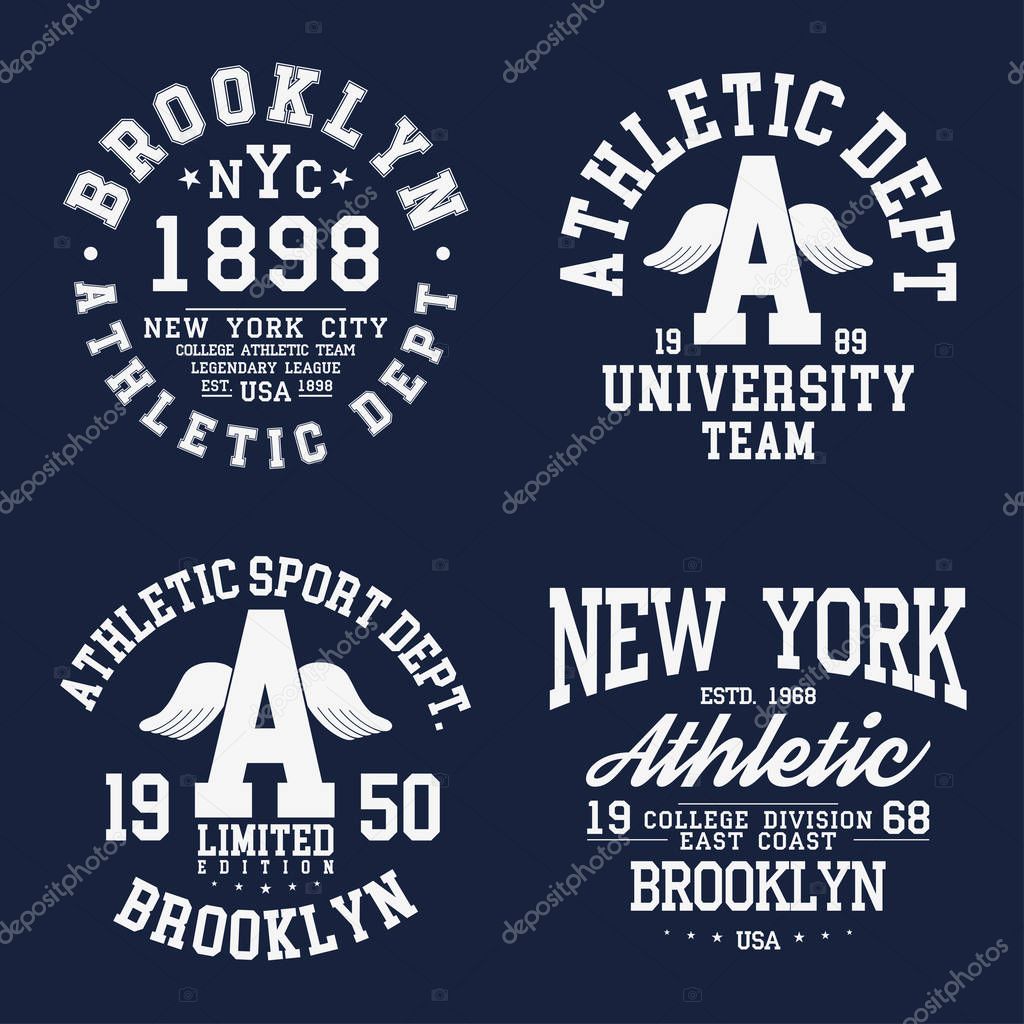 New York, Brooklyn typography, badges set for t-shirt print. Varsity style t-shirt graphics. Vector