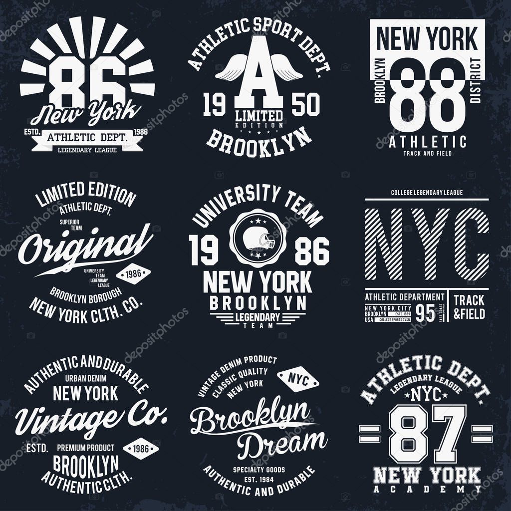 New York, Brooklyn typography, badges set for t-shirt print. Sports, athletic t-shirt patches. T-shirt graphics. Vector