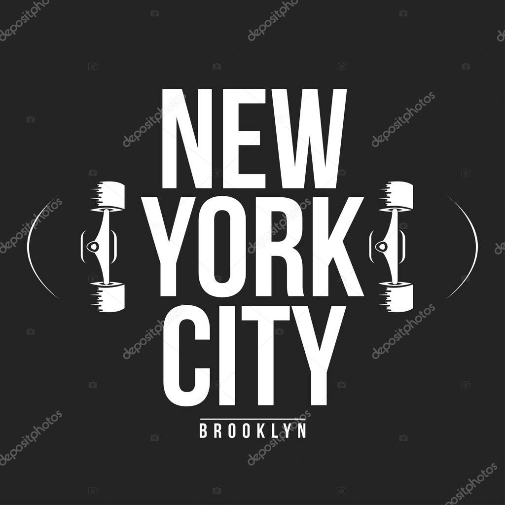 New York, skateboarding typography for t-shirt print. Athletic patch for tee graphic. T-shirt design
