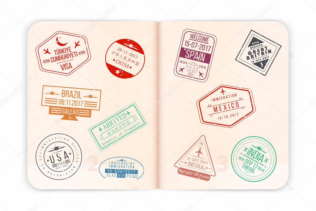 Vector passport with visa stamps. Open passport pages with airport visa stamps and watermarks