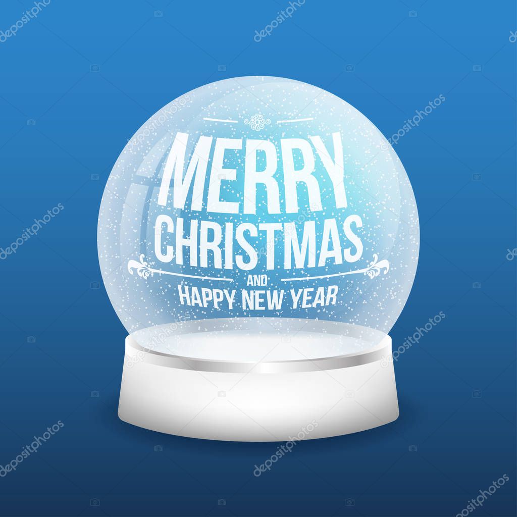 Christmas glass snow ball isolated on blue background. Realistic crystal snow ball with light reflection