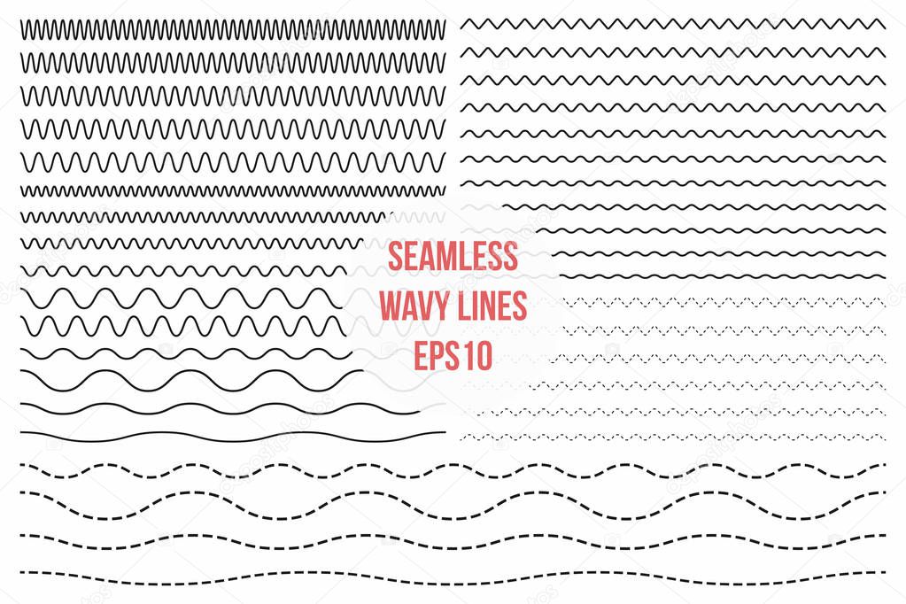 Wavy lines set. Horizontal seamless thin zig zag, criss cross and wavy lines for brushes