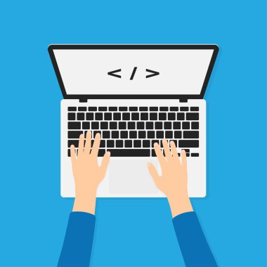 Geliştirici, laptop ile çalışma ve kodunu yazarak programcısı. Programlama ve arka plan kavramı kodlama. Üstten Görünüm içinde laptop ellerde