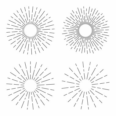 Çizgiler şeklinde, doğrusal Radyal patlama vintage sunburst kümesi. Hippi kültürü için Retro güneş