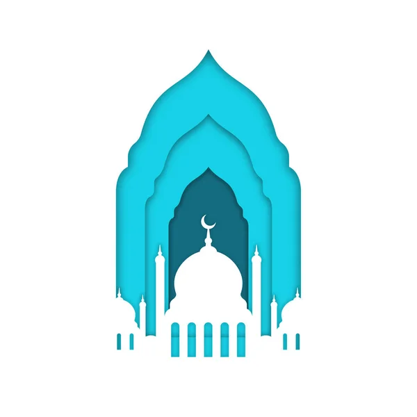 Eid Mubarak, Ramadan Kareem. Islamic greeting card, banner template. Mosque with moon isolated on white background — Stock Vector