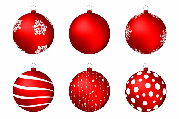 Красные рождественские шары изолированы на белом фоне. Набор рождественских балов со снежинками, кружками и абстрактными узорами — стоковый вектор