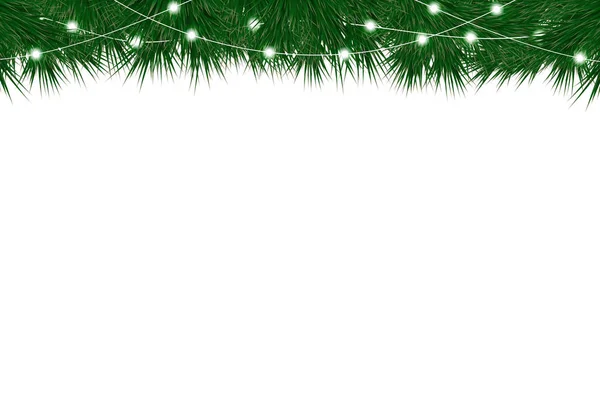 Weihnachten und Neujahr Hintergrund mit Tannenzweigen und Weihnachtsgirlanden. Hintergrund mit Weihnachtsbaum und Lichtern — Stockvektor