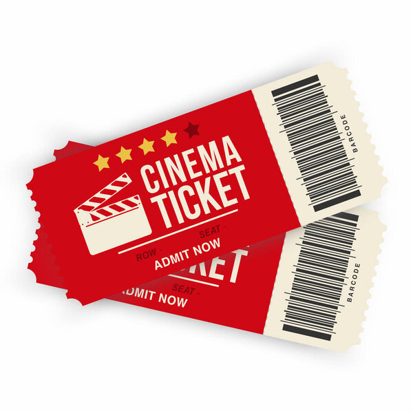 Two cinema tickets isolated on background. Realistic cinema or movie tickets template