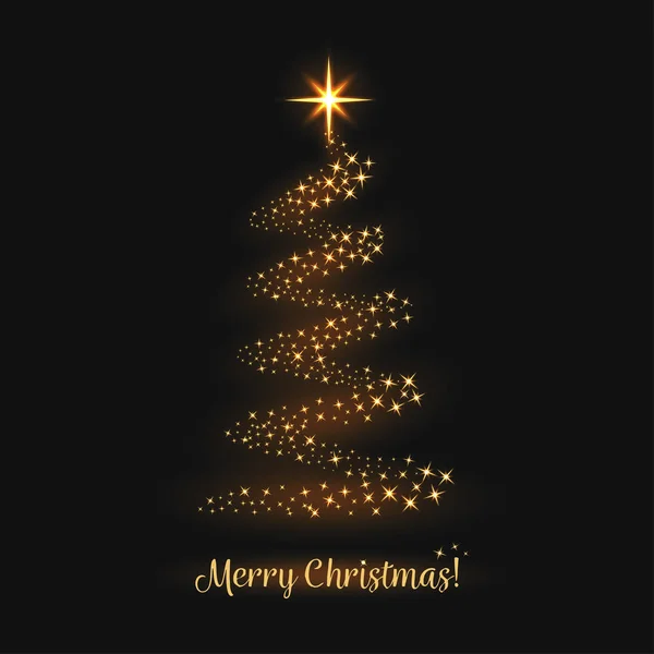 Neşeli Noel tebrik kartı. Altın büyülü parıldıyor ile Noel ağacı, yıldız ve hafif iz