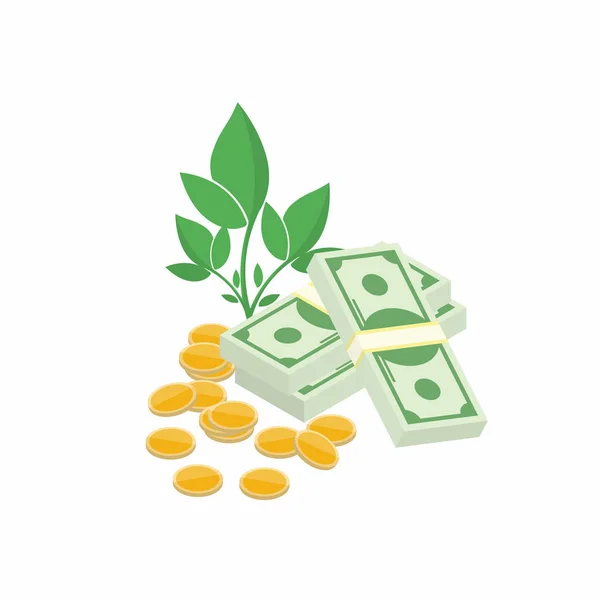 財政利益、利益の増加。複合利益、付加価値。お金は概念を育てる。現金と硬貨のある植物 — ストックベクタ