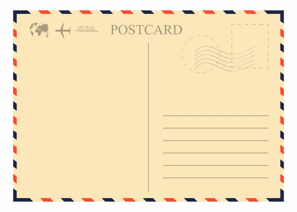 Modelo de cartão postal vintage. envelope retro airmail com carimbo, avião e globo — Vetor de Stock