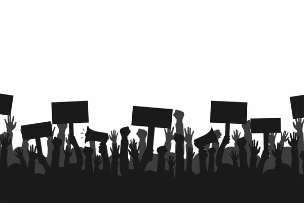 大勢のデモ隊の人バナーやメガホンを持つ人々 のシルエット。革命や抗議の概念 — ストックベクタ