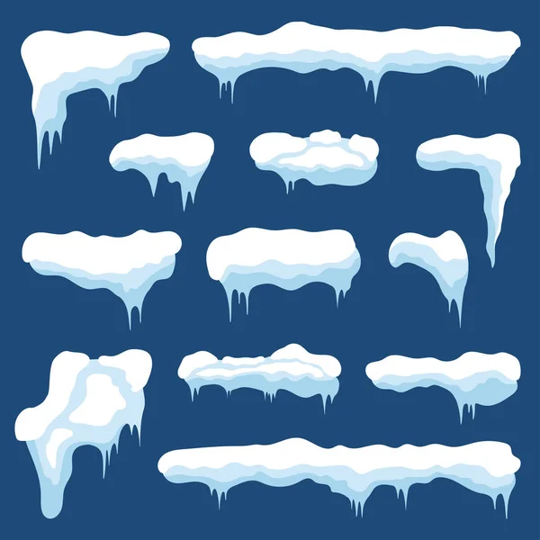 Nieve con carámbanos y nieve a la deriva. Gorras de nieve de invierno con hielo. Conjunto de diferentes marcos congelados y nevados para la decoración — Vector de stock