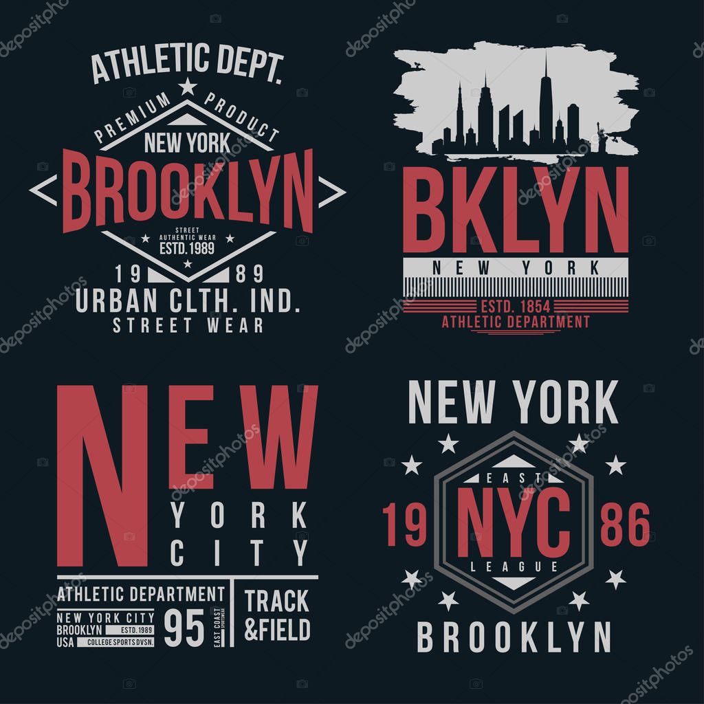 New York, Brooklyn typography for t-shirt print. Vintage badge set for t shirt print. Varsity style shirt design collection. Vector