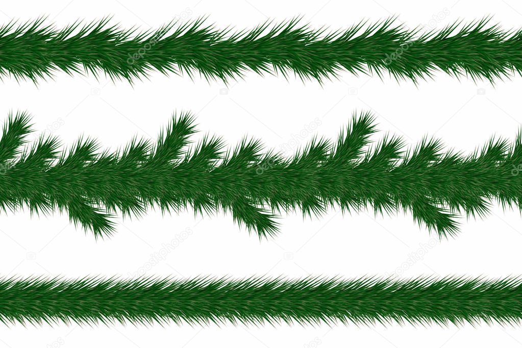 Christmas garland with fir branches. Set of green christmas tree branches borders isolated on white background