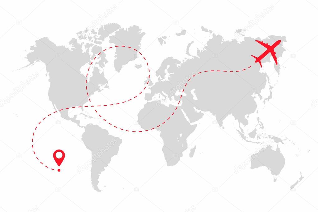 Airplane path in dotted line shape on world map. Route of plane with world map isolated on white background