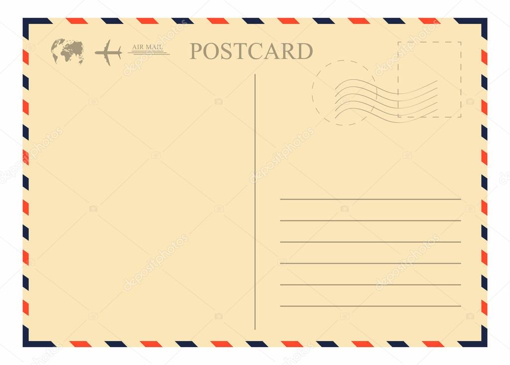 Vintage postcard template. Retro airmail envelope with stamp, airplane and globe