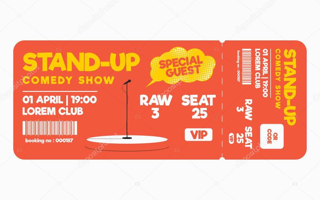 Stand up comedy show ticket isolated on white background. Ticket template for comedy show, performance