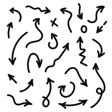 Vektör elle çizilmiş okları ayarlayın. Doodle tarzı siyah kroki oklar. Çizgiler, daireler, işaretleri