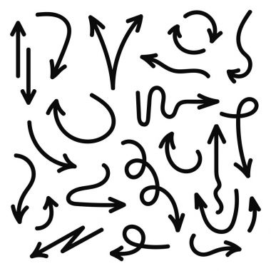 Vektör elle çizilmiş okları ayarlayın. Doodle tarzı siyah kroki oklar. Çizgiler, daireler, işaretleri